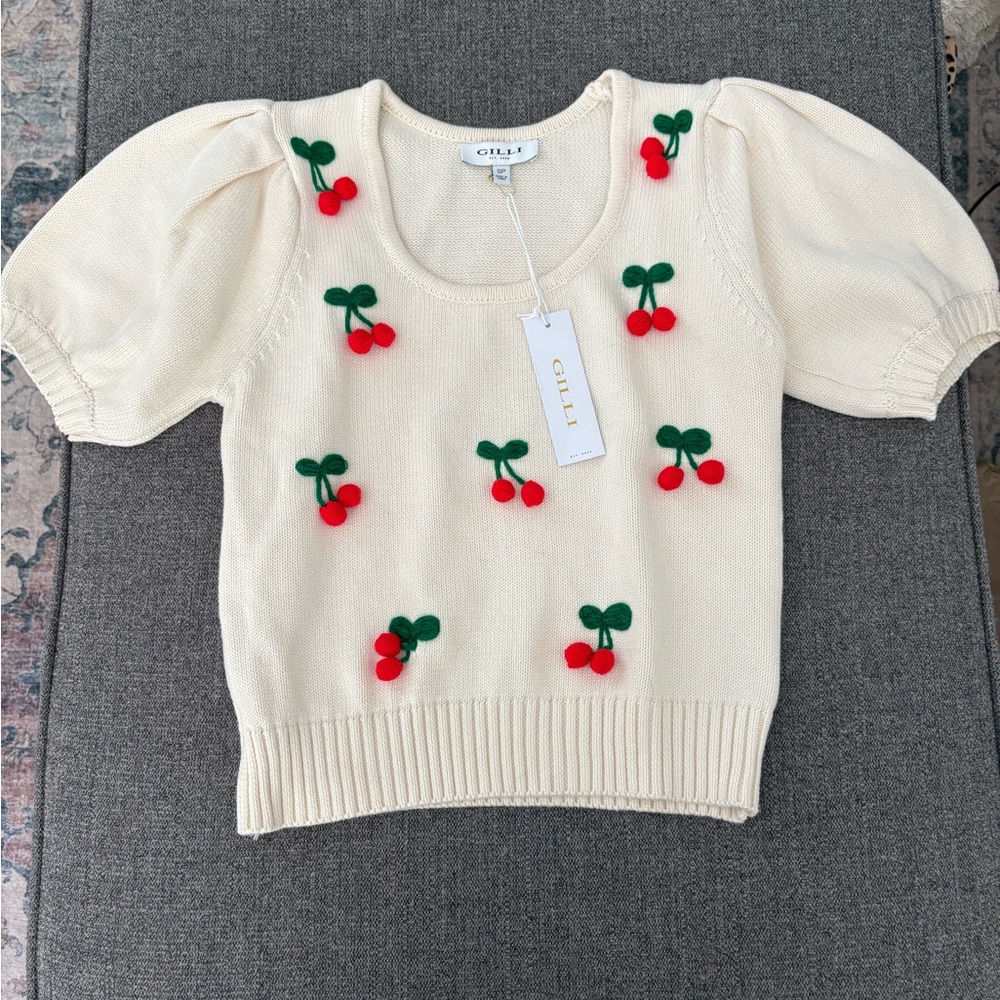 Gilli Cream Knit Top with Cherry Accents